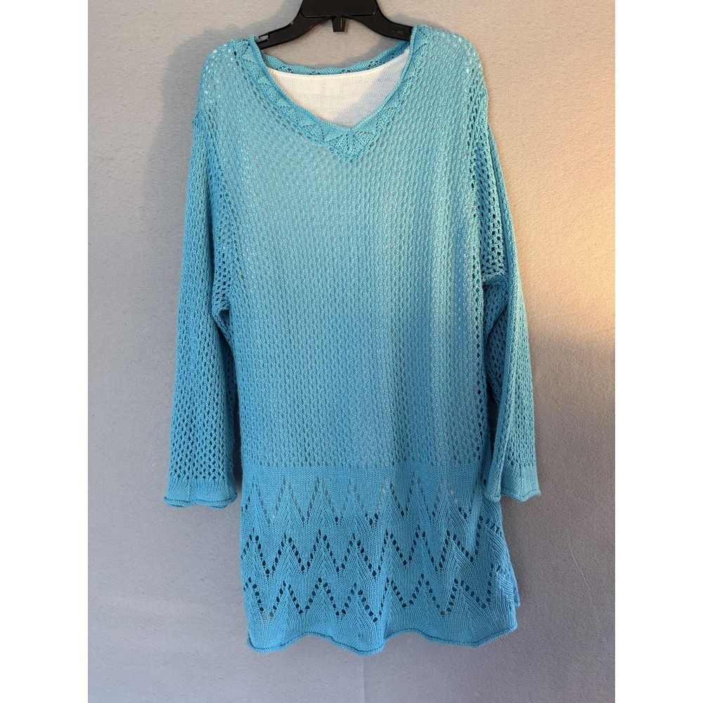 Cato Sweater Tunic Womens 18/20W Blue crochet open  Knit Lined 3/4 Sleeve